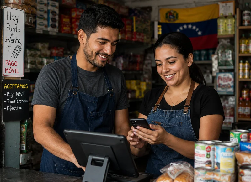 Pareja de emprendedores venezolanos revisando el panel de control juntos